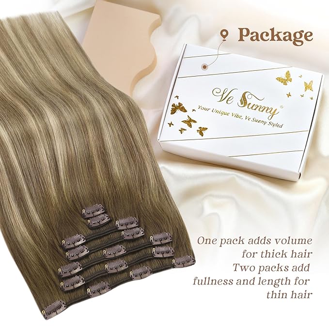 Ve Sunny Human Hair Clip in Extensions Brown Balayage Real Hair Extensions Clip in Human Hair Ombre Brown with Blonde Clip in Hair Extensions Real Human Hair 5pcs 12in 80g