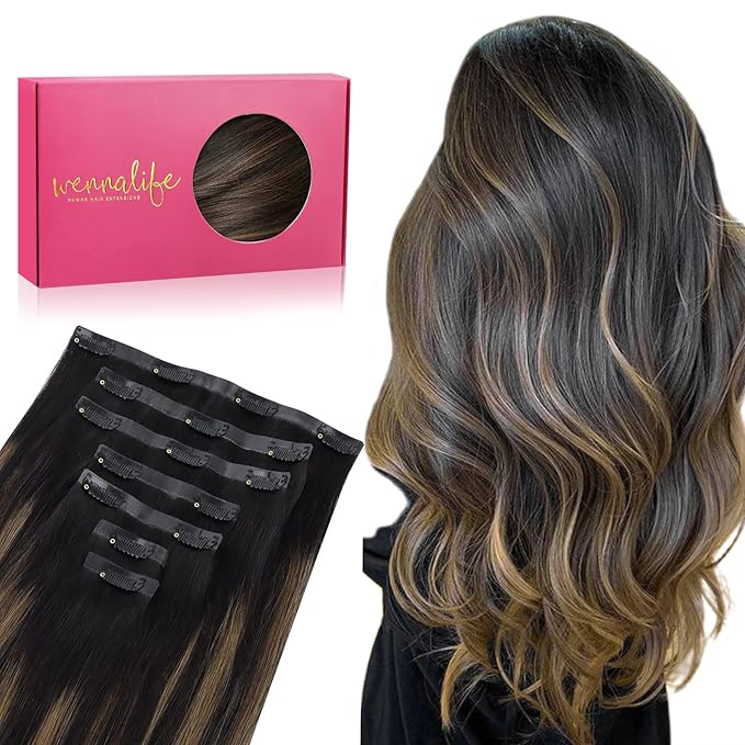 WENNALIFE Seamless Clip in Hair Extensions Human Hair, 12 Inch 80g 7pcs Balayage Natural Black to Chestnut Brown Real Hair Extensions Clip Ins Invisible PU Skin Weft Natural Remy Hair