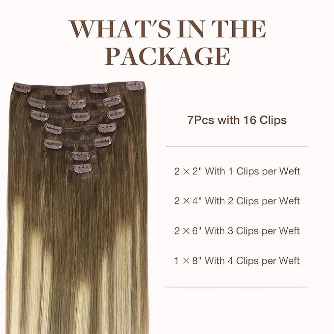 GOO GOO Clip in Hair Extensions Real Human Hair, Remy Human Hair Extensions Clip ins for Women, Natural Human Hair, 26inch 135g 7Pcs, 3/8/613 Balayage Walnut Brown to Ash Brown and Bleach Blonde