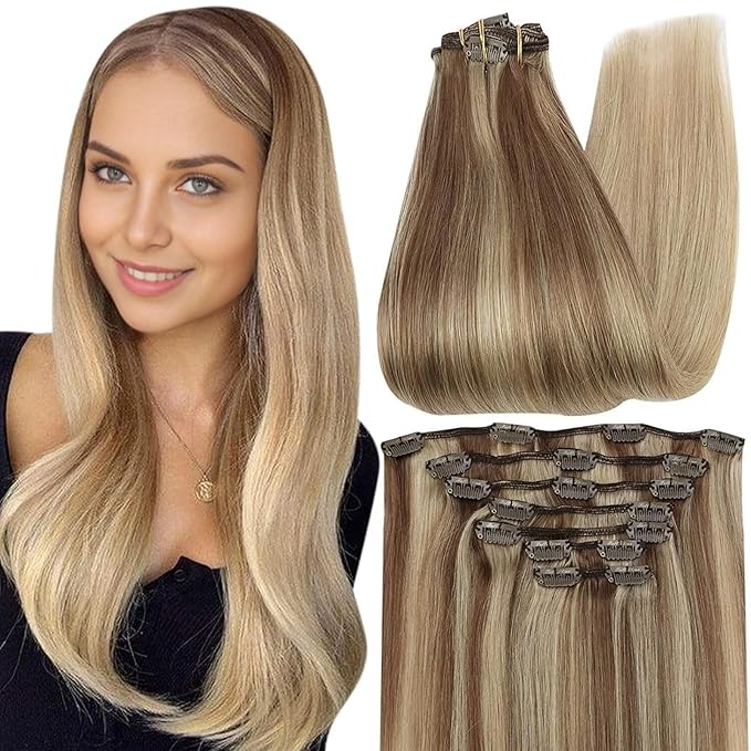 Full Shine Clip in Hair Extensions Balayage Hair Extensions Clip in Human Hair Color 10 Brown Mix to 16 Blonde Highlighted Double Weft Straight Hair Clip ins 7 Pcs 14 Inch 120 G