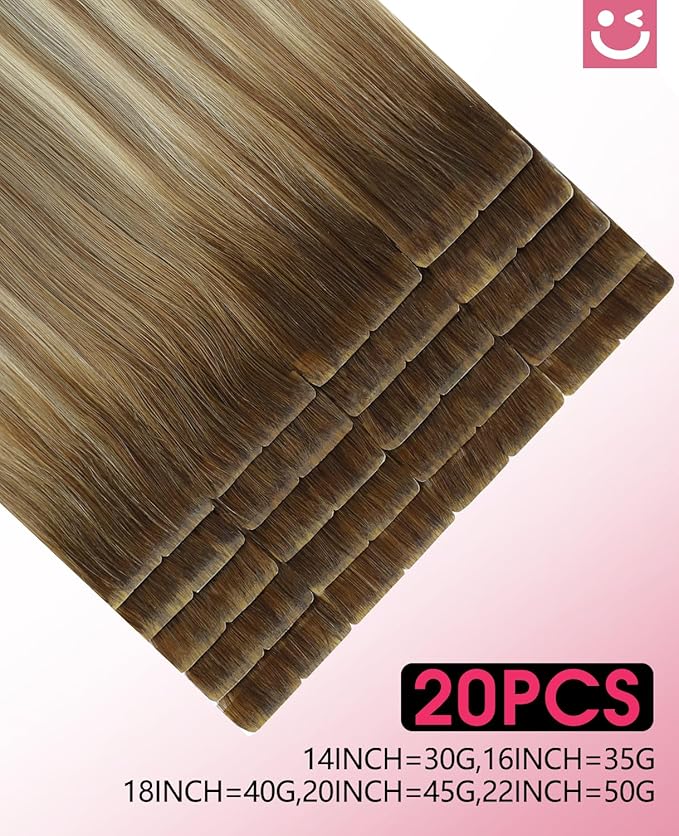 Youngsmile Invisible Tape in Hair Extensions Human Hair Balayage #3/8/22 Walnut Brown to Ash Brown and Golden Blonde 20pcs 40g 18 Inch Injection Tape in Extensions Real Human Hair (#3/8/22,18'')