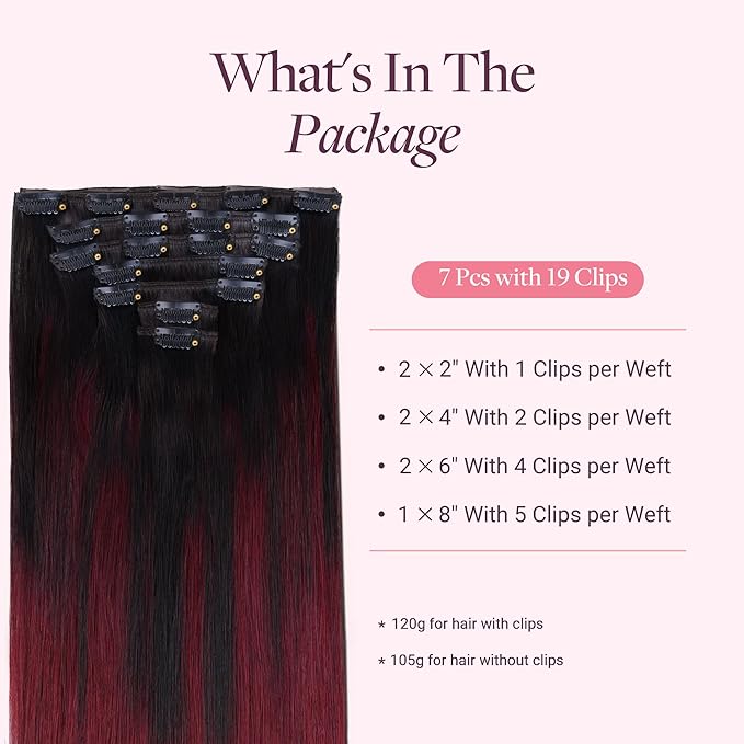 GOO GOO Clip in Hair Extensions Real Human Hair, Remy Human Hair Extensions Clip ins for Women, Natural Human Hair, 26inch 180g 7 Pcs, #1/99j Balayage Jet Black to Red