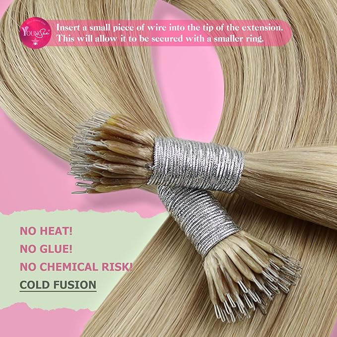 YoungSee Nano Beads Hair Extensions Blonde Nano Ring Hair Extensions Warm Ash Blonde Highlights Bleach Blond Nano-Ring Hair Extension Human Hair Blond Nano-Tip Hair Extension for Daily 14in 50s 50g