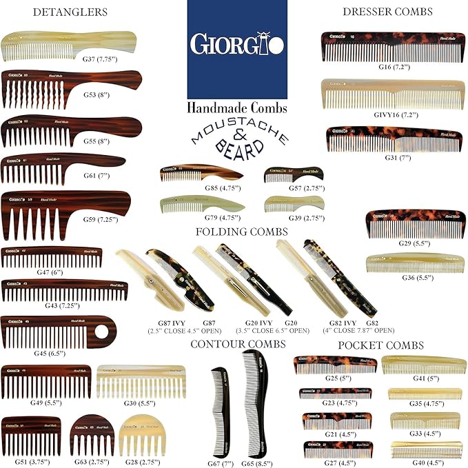 Giorgio G31 Fine Tooth and Wide Tooth Hair Comb, Styling Comb, Grooming Hair Combs for Women, Mens Beard Care Combs for Detangling and Styling - Handmade Saw-Cut and Hand Polished (TortoiseShell)