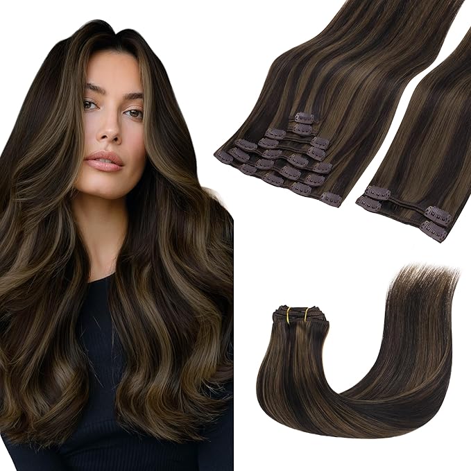 GOO GOO Clip in Hair Extensions Real Human Hair, Remy Human Hair Extensions Clip ins for Women, Natural Human Hair, 24inch 150g 9 Pcs, #2/6 Dark Brown Highlighted Chestnut Brown