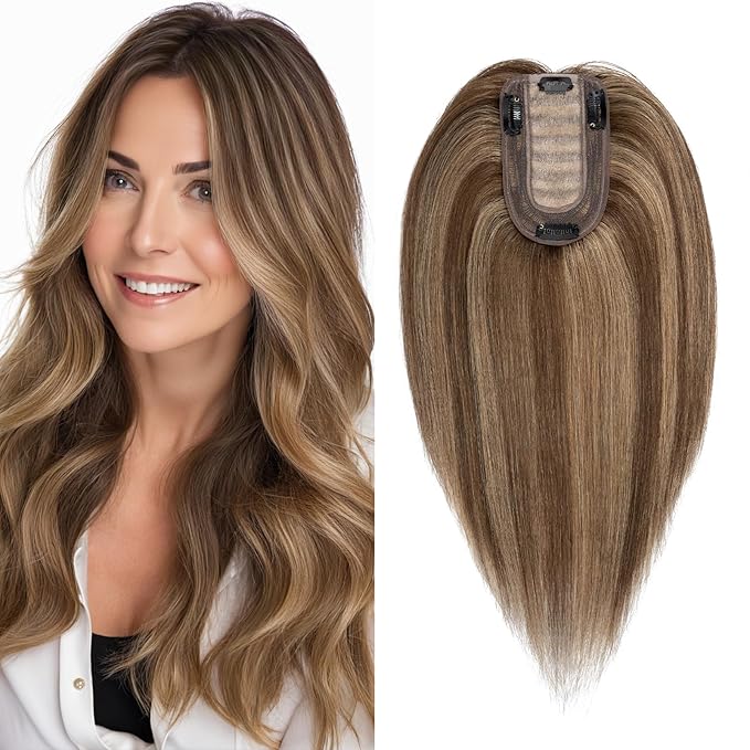 SEGO Real Human Hair Topper for Women without Bangs, Hair Topper with Anti-Slip Clips (8 Inch#4/27 Medium Brown Mix Dark Blonde)