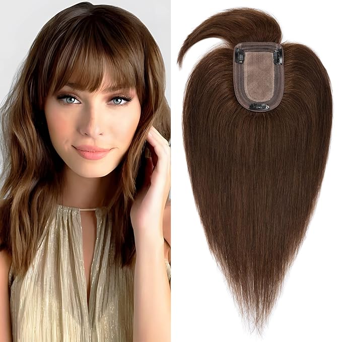 SEGO Hair Toppers for Women Real Human Hair with Thinning Hair, Toppers Hair Pieces Clip in Toppers Straight Hair Pieces with Front Bangs 150% Density Silk Base -12 Inch #4 Medium Brown