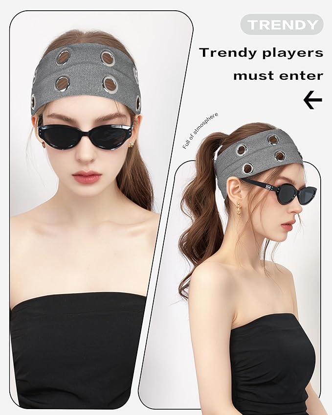 Grommet Headband for Women, Dark Gray 23cm Hollow Out Elastic Hair Band, Eyelets Punk Grunge Stylish Hairband
