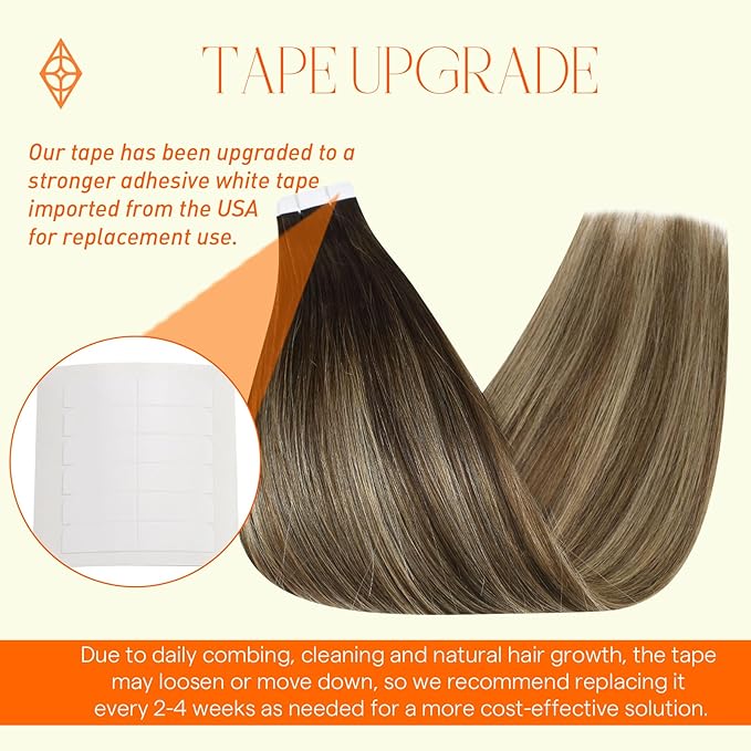 Full Shine Tape in Extensions Balayage Seamless Remy Tape in Hair Extensions Human Hair Color 2 Darkest Brown Ombre 3 Highlight 27 Honey Blonde Invisible Hair Extensions Tape ins 14Inch 20Pcs 50G