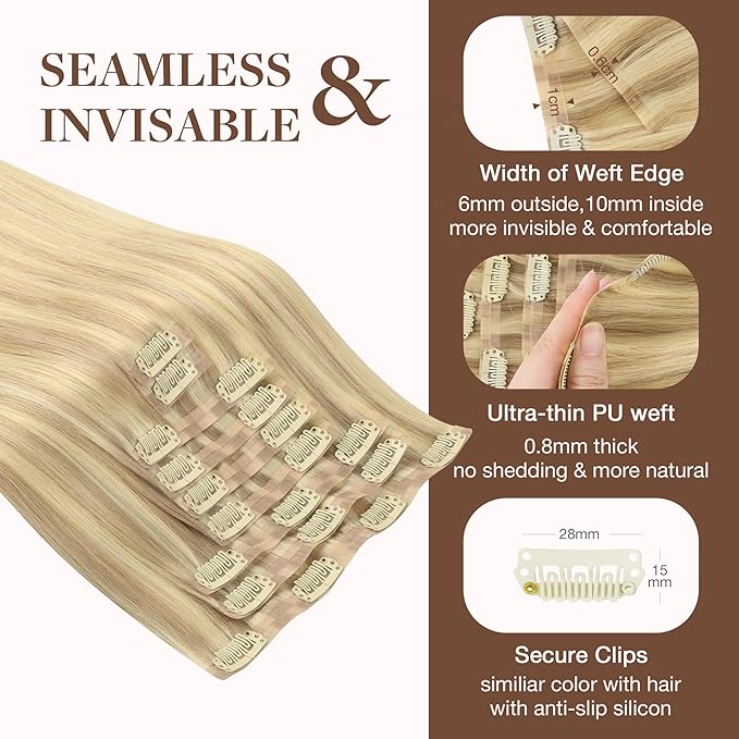 GOO GOO Clip in Hair Extensions Real Human Hair, Remy Human Hair Extensions Clip ins for Women, Natural Human Hair, 14inch 130g 9Pcs, 18D/22F Dirty Blonde Highlights