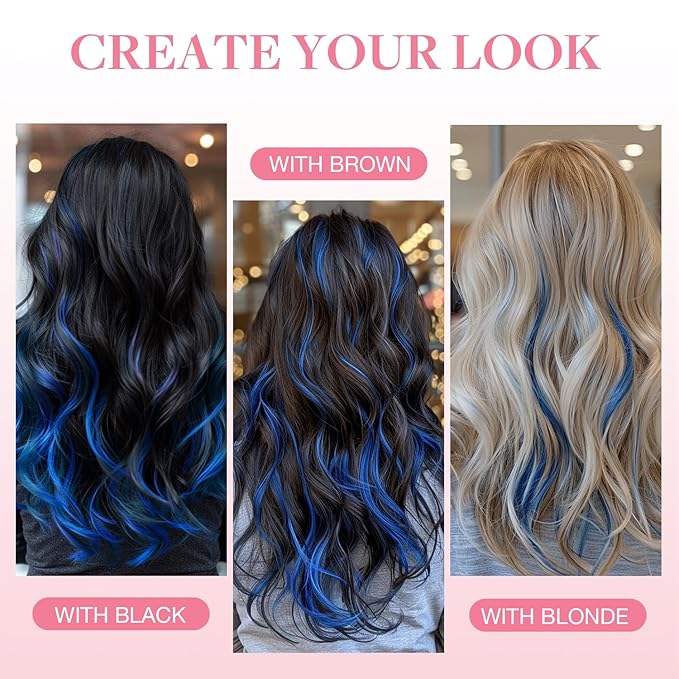 GOO GOO Tape in Hair Extensions Human Hair, Blue, 14inch 25g 10pcs, Colored Tape ins Human Hair Extensions, Silky&Soft Invisible Tape Ins, Hair Highlighted for Party