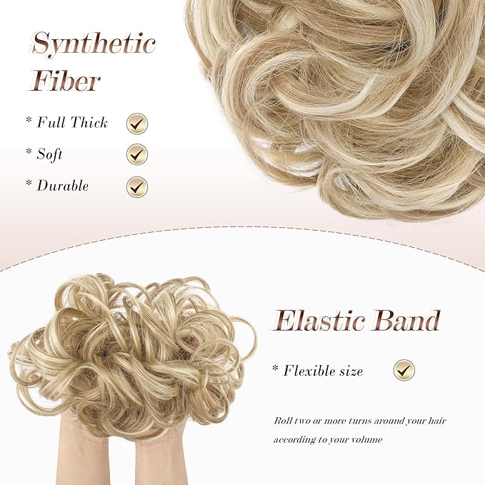 FESHFEN Messy Bun Hair Piece - Large Elastic Wavy Curly Hair Bun Scrunchies Ponytail Extensions Synthetic Chignon Hairpieces for Women, Dirty Blonde 1.94oz