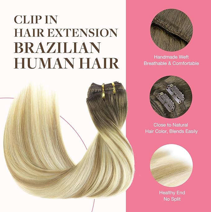 GOO GOO Clip in Hair Extensions Real Human Hair, Remy Human Hair Extensions Clip ins for Women, Natural Human Hair, 20inch 150g 9Pcs, 5A/90/16F Bahamian Balayage