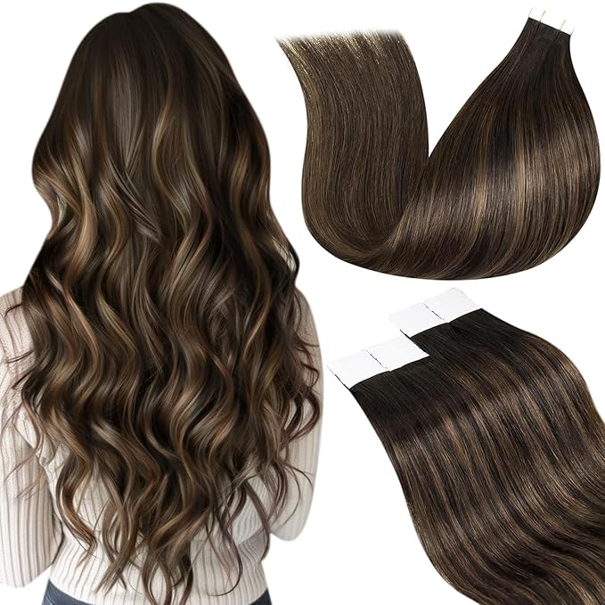 LaaVoo Ombre Hair Extensions Tape in Brown Human Hair Extension Tapes in Darkest Brown Mix Light Brown Tape on Extensions Human Hair Silky Straight 22 Inch 20pcs 50g