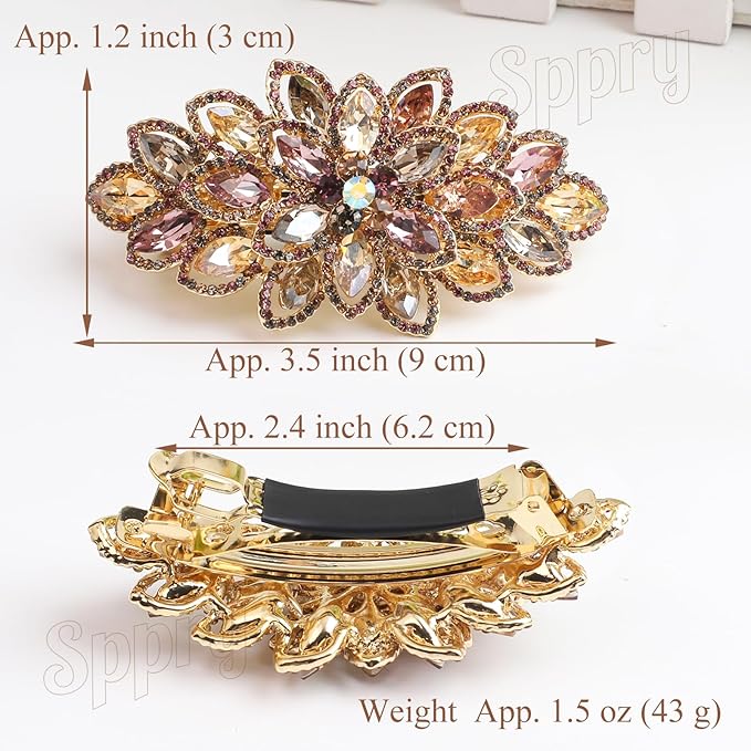 Luxury Gold-plated Rhinestone Hair Barrette for Women, Large Flower Jewelry Design (Colorful)