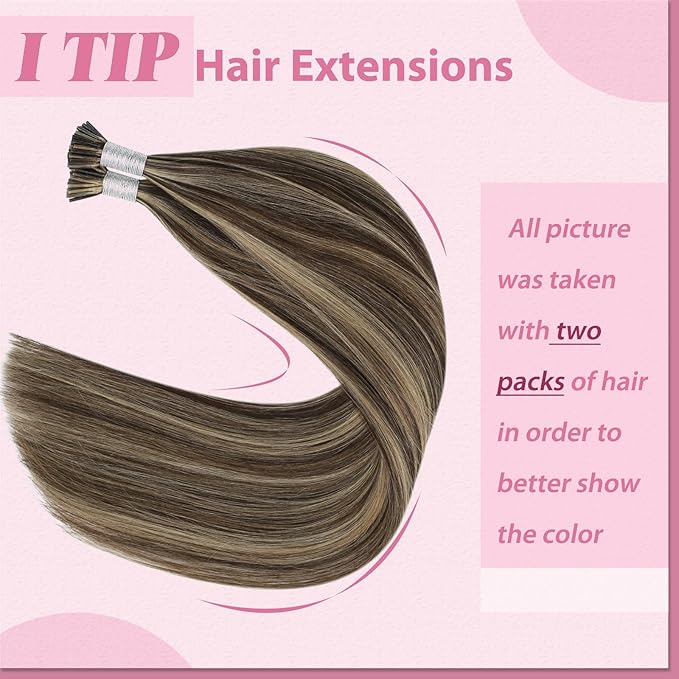 YoungSee Itip Human Hair Extensions Brown I Tip Hair Extensions Human Hair Highlight Dark Brown with Caramel Blonde Tip Hair Extension Human Hair Short 14In 80s 50g