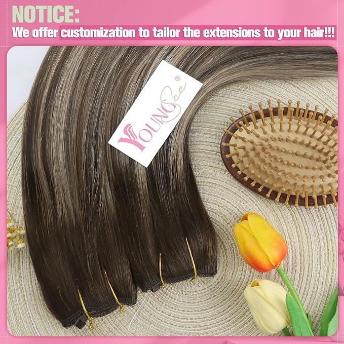 YoungSee 130G Wire Hair Extensions Human Hair Brown Balayage Wire Hair Extensions Real Human Hair Ombre Dark Brown with Ash Blonde Fish Line Extensions for Long Hair 22Inch