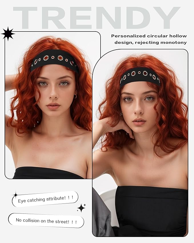Grommet Headband for Women, Black Circle Studs 23cm Hollow Out Elastic Hair Band, Eyelets Punk Grunge Stylish Hairband