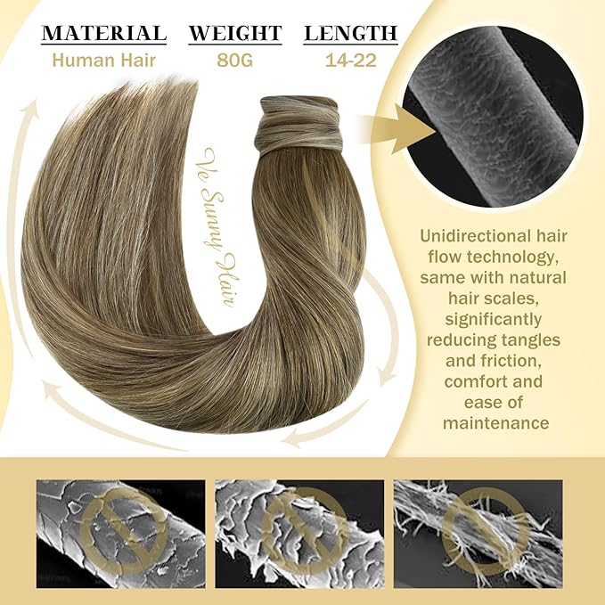 Ve Sunny Ponytail Extension Human Hair for Women Clip in Ponytail Hair Extension Straight Hair Pieces Wrap Around Around Darker Brown Fading To Ash Brown Mix Light Blonde Balayage 22inch 80G