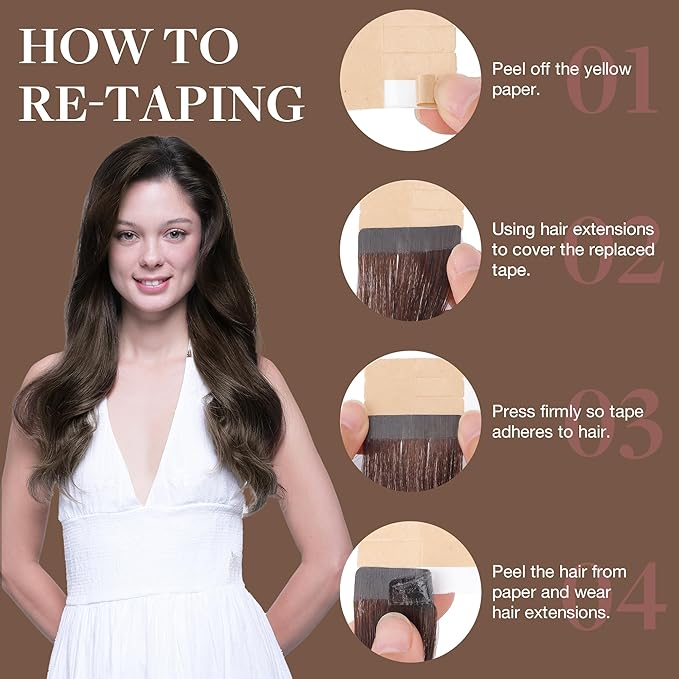 GOO GOO Tape in Hair Extensions Human Hair, 4A Chocolate Brown, 20inch 50g 20pcs, Skin Weft Seamless Invisible, Silky Straight with Thick Ends, Remy Human Hair