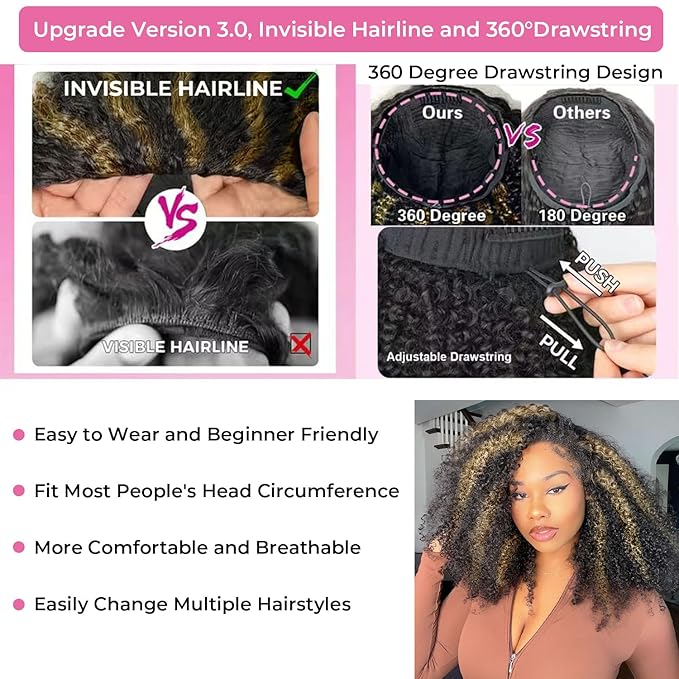 Kinky Curly Half Wig Human Hair 250% Density Ombre Wear Go Glueless Wigs Human Hair Hightlight Blonde Curly 3 In 1 Half Wigs for Women Drawstring Seamless Flip Headband Wig Beginner Friendly 16 Inch