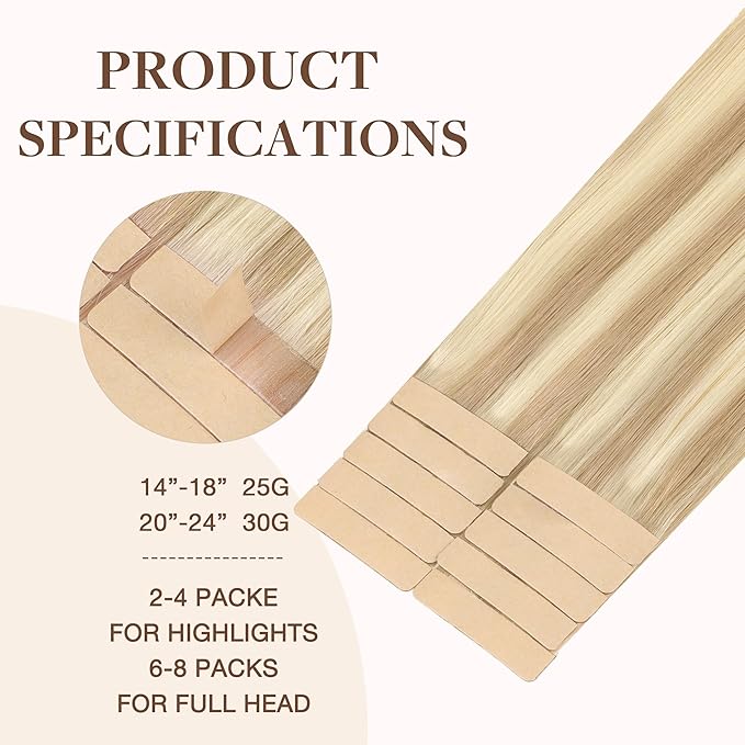 GOO GOO Tape in Hair Extensions Human Hair, 18A/613A Dark Blonde Highlighted Bleach Blonde, 20inch 30g 10pcs, Skin Weft Seamless Invisible, Silky Straight with Thick Ends, Remy Human Hair
