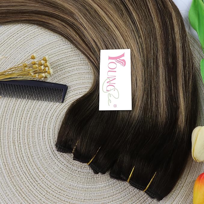 YoungSee Wire Hair Extensions Real Human Hair Balayage Hair Wire with Adjustable Clips Dark Brown Fading to Caramel Blonde Mix Brown Human Hair Fish Line Extensions for Thin Hair 14Inch 80G