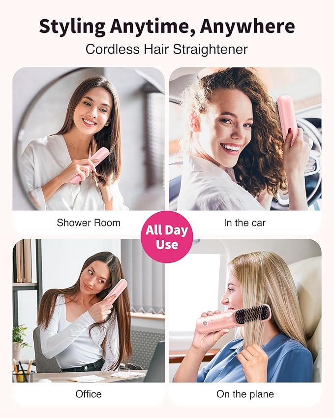 Cordless Hair Straightener Brush - Portable Hair Straightening Brush for Travel - 300M Negative Ions for Frizz-Free Shine, Touch Up On-The-Go, Fast Heating, Gift for Women, 10,000mAh, Powder Pink