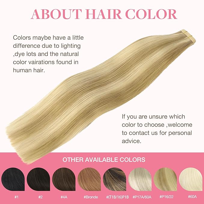 GOO GOO Tape in Hair Extensions Human Hair, 16/22 Light Blonde Highlighted Golden Blonde, 10inch 60g 40pcs, Skin Weft Seamless Invisible, Silky Straight with Thick Ends, Remy Human Hair
