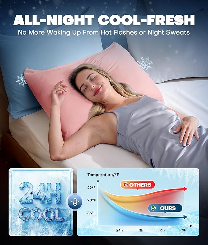 Ultra-Chill Cooling Pillowcase Set of 2 for Hot Sleepers, Softer Than Silk Pillow Cases for Protecting Hair & Skin, Breathable Bed Pillow Covers w/Zipper, Gifts for Women & Men (Pink, Queen)
