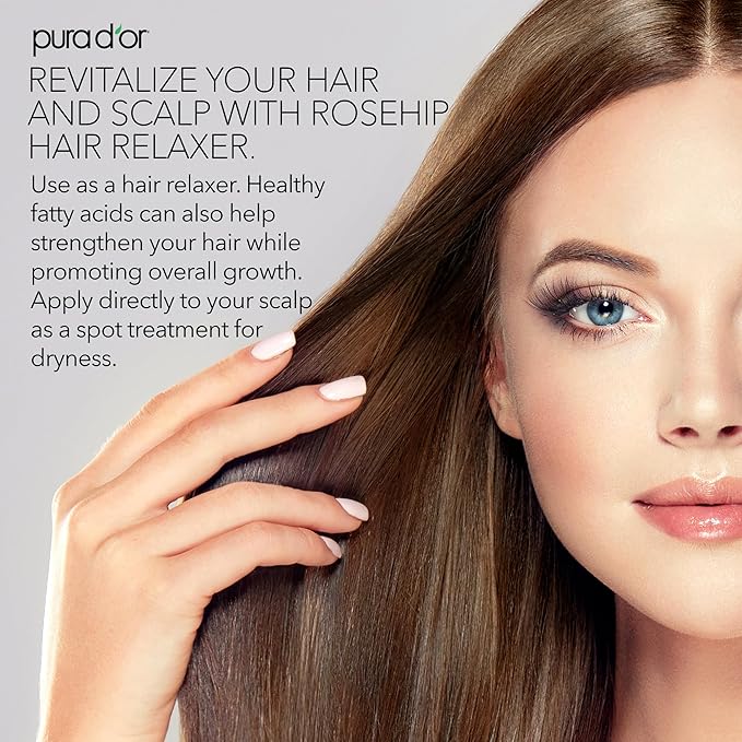 PURA D'OR ORGANIC Rosehip Seed Oil Hair Relaxer (4 Oz x2 = 8 Oz) 100% Pure Cold Pressed USDA Certified All Natural Anti-Aging, Scar Treatment, Gua Sha Massage, Face, Hair & Skin - Women & Men