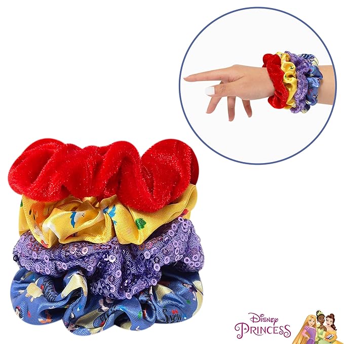 LUV HER Disney Princess Snow White Hair Accessory Set – 5 Pieces: 1 Detangling 9-inch Hairbrush & 4 Scrunchies, Elastic Hair Ties, Ages 3+