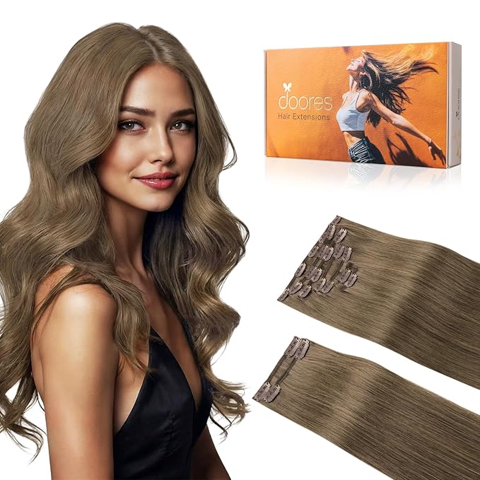 DOORES Human Hair Clip in Extensions, Light Ash Brown 150g 9pcs 22 Inch, Real Human Hair Extensions Clip in Remy Hair Extensions Human Hair Natural Thick Human Hair Extensions Clip ins Silky Straight