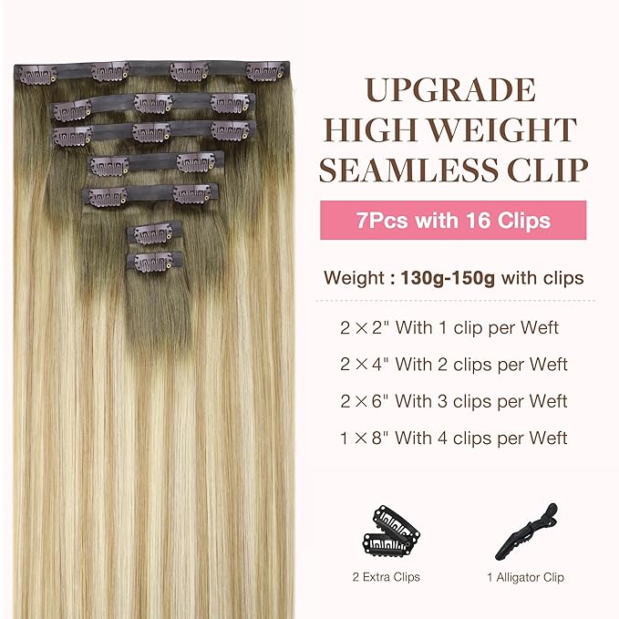 GOO GOO Clip in Hair Extensions Real Human Hair, Remy Human Hair Extensions Clip ins for Women, Natural Human Hair, 18inch 130g 7Pcs, 5A/90/16F Bahamian Balayage