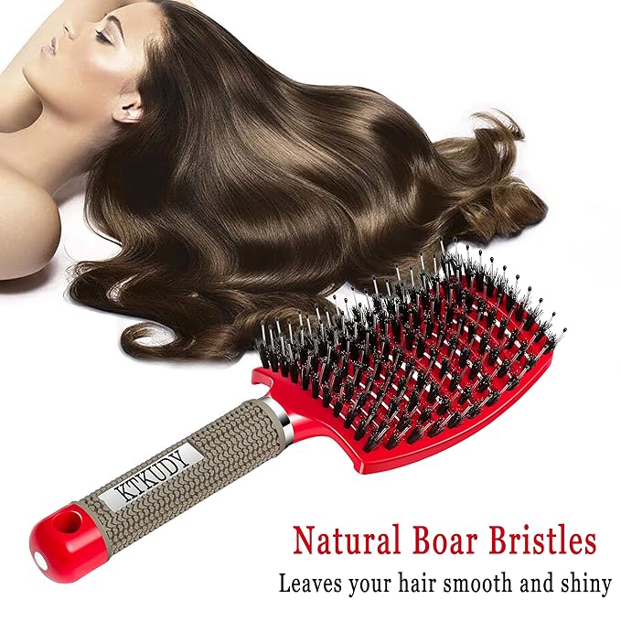 Detangling Brush Boar Bristles Set KTKUDY Hair Brush Curved and Vented Detangler Brush for Women Men Kids Wet and Dry Hair (Red&White)