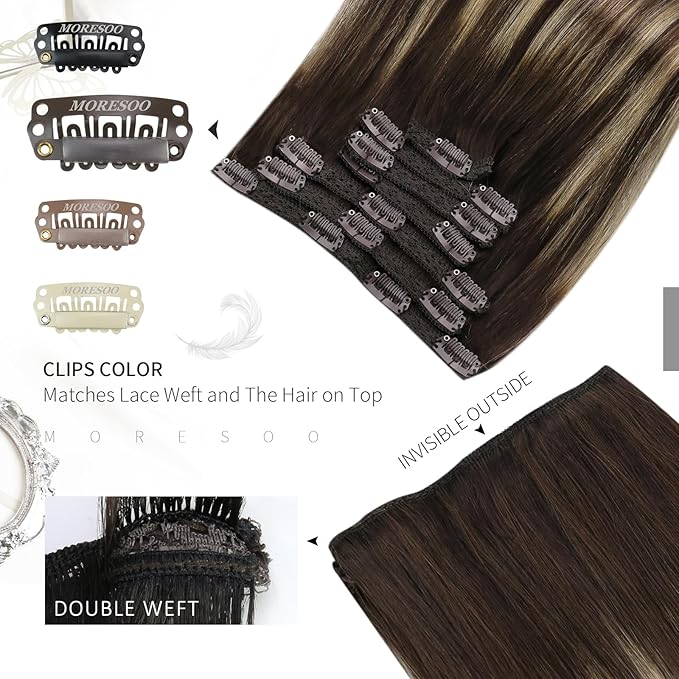 Moresoo Clip in Hair Extensions Remy Double Weft Human Hair Clip in Extensions Balayage Straight Hair Extensions for Women Ombre Dark Brown Mixed with Caramel Blonde 7pcs 120g 22inch