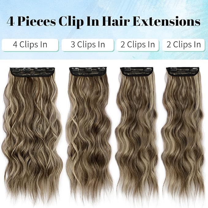 KooKaStyle Hair Extensions Light Brown mix Blonde 626D Clip in Synthetic Highlight Hair Extensions Long Wavy 4PCS Thick Hairpieces 20 Inch for Women