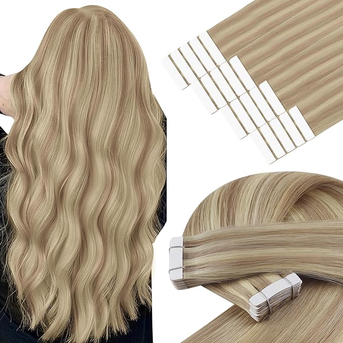 YoungSee Invisible Tape in Hair Extensions Blonde Highlight Hair Extension Tape ins Golden Blonde Highlight Real Hair Tapes on Hair Extensions Human Hair SIlky Straight 18 Inch 20pcs 50g