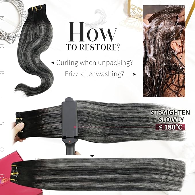 Moresoo Black And Silver Clip in Hair Extensions Ombre Black And Silver Human Hair Extensions Clip ins Real Human Hair for Women Double Weft 120g/7pcs 16 inch