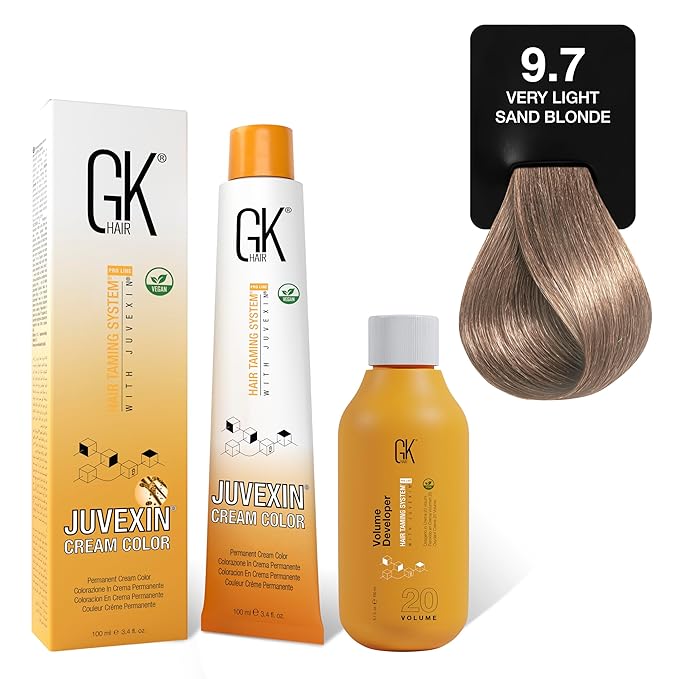 GK HAIR Global Keratin Sand 9.7 Very Light Blonde Hair Color Cream Tube (3.4 Fl Oz/100ml) + 20 Volume Developer (5 Fl Oz/150ml) - Professional Permanent Long Lasting Toner Dye