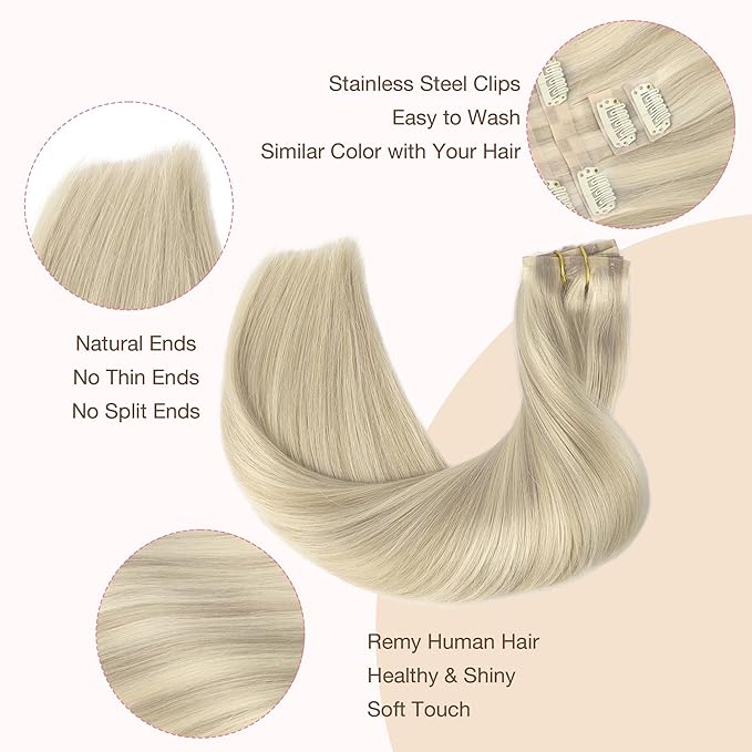 GOO GOO Clip in Hair Extensions Real Human Hair, Remy Human Hair Extensions Clip ins for Women, Natural Human Hair, 24inch 120g 7Pcs, 17A/60A Ash Blonde Highlighted Platinum Blonde