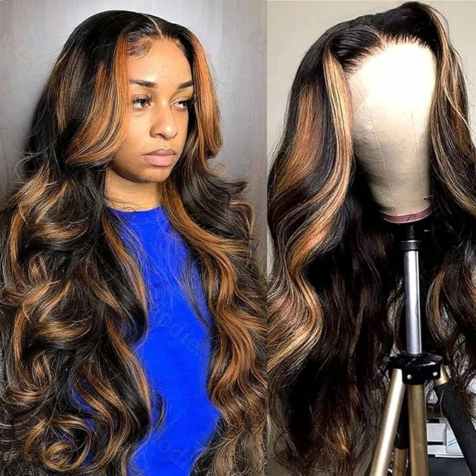 32 Inch Highlight Ombre Lace Front Wig Human Hair Body Wave Lace Front Wigs Human Hair 13x4 Pre Plucked 1B/30 Black with Brown Highlight Wig 200% Density Colored Glueless Wigs for Women