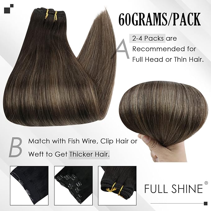 Full Shine Clip in Hair Extensions 3 Pcs 60 G Balayage Dark Brown Ombre Ash Brown Human Hair Extensions Clip ins 14 Inch