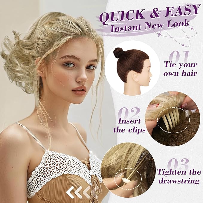 BARSDAR Honey Blonde Drawstring Ponytail Extensions - 10 Inch Short Wavy Drawstring Comb Clip in Pony Tails Hairpieces for Women - Synthetic Short Wavy Blonde Ponytail Hair Extensions