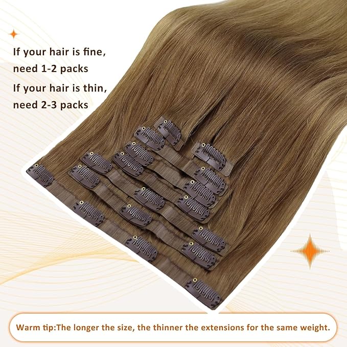 Full Shine Human Clip in Hair Extensions 22 Inch Light Brown 120G Hair Extensions Golden Brown to Ash Blonde Invisible Skin Weft Long Straight Hair for Women 8 PCS