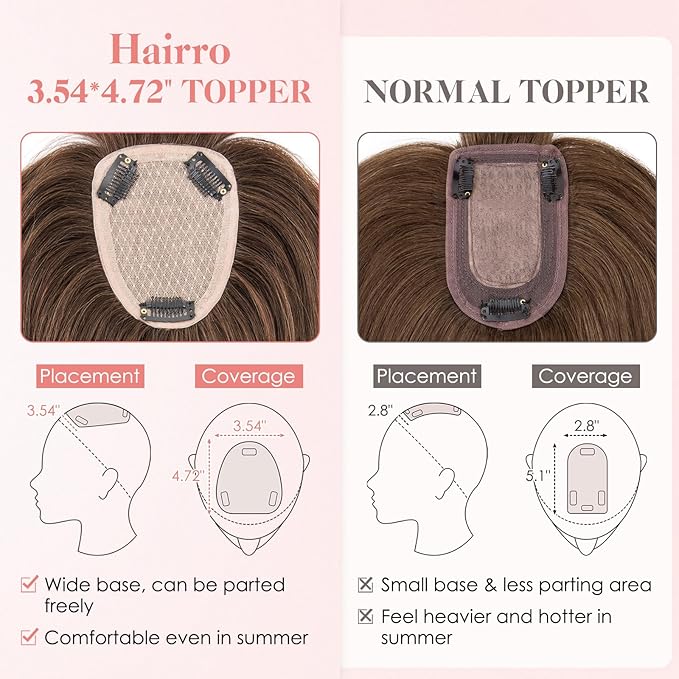 Hairro Human Hair Toppers with Wispy Bangs, 3.5x4.7" Hand-wovened Base for Women with Thinning Hair, Lightweight & Breathable Realistic Scalp, Clip-in Hairpieces for Easy Wear, 10 Inch Dark Brown