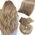 Moresoo Clip in Hair Extensions Real Human Hair Double Weft Human Hair Clip in Extensions Straight Balayage Ombre Light Brown Mixed with Golden Blonde 5pcs 80g 22inch