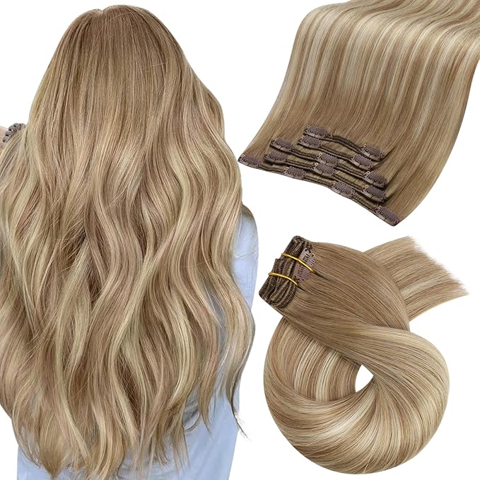 Moresoo Clip in Hair Extensions Real Human Hair Double Weft Human Hair Clip in Extensions Straight Balayage Ombre Light Brown Mixed with Golden Blonde 5pcs 80g 22inch