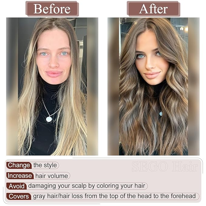 SEGO Real Human Hair Topper for Women, No Bangs Hair Topper with Anti-Slip Clips (16 Inches Dark Brown)