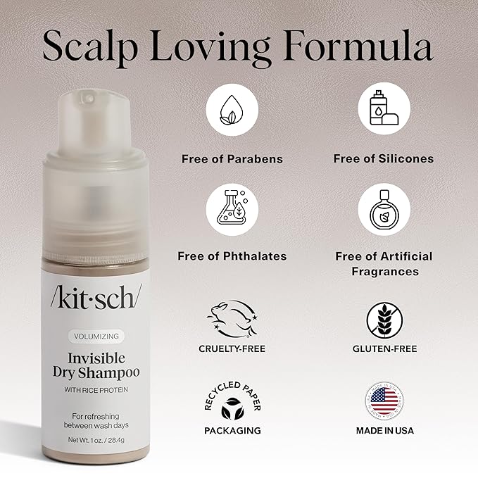 Kitsch Volumizing Rice Protein Dry Shampoo Powder - Dry Shampoo for Women & Men, No White Cast, Absorbs Oil, Non-Greasy, Light-to-medium Hair Colors, Travel Size | Ideal Gifts for Women- Invisible 1oz
